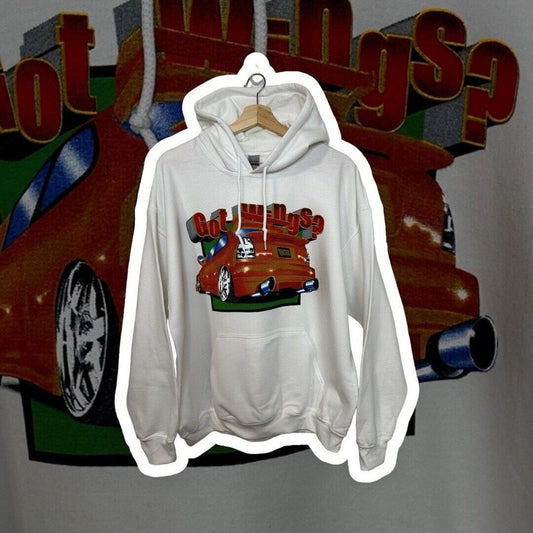 White Graphic Hoodie with Retro Car Design - Casual Streetwear Pullover Sweatshirt