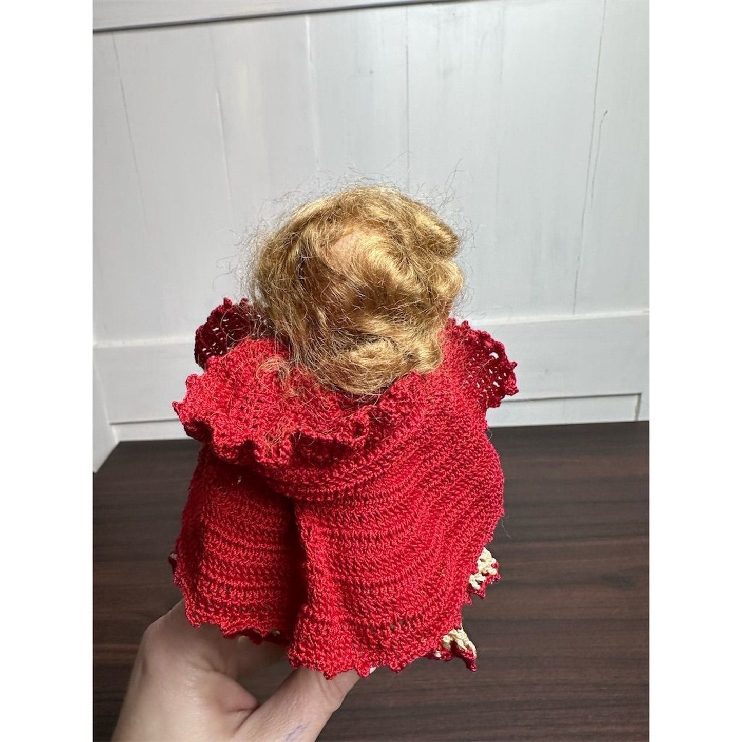 Vintage 1950s Little Red Riding Hood Doll Handmade Crochet Outfit 7" Blonde Hair Blue Eyes