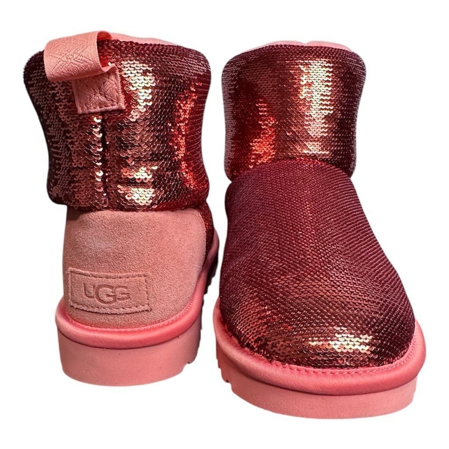 UGG Women's Classic Mini Mirror Ball Boots Pink Sequin Ankle Booties Size 8, New