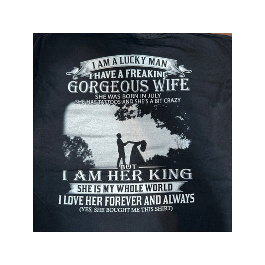 Men's XL Black Graphic T-Shirt 'Lucky Man with Gorgeous Wife' Tattoo Design Fun