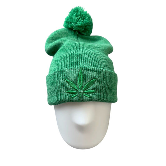 Green Cannabis Leaf Pom Pom Beanie 420 Theme Winter Hat Unisex Adult One Size