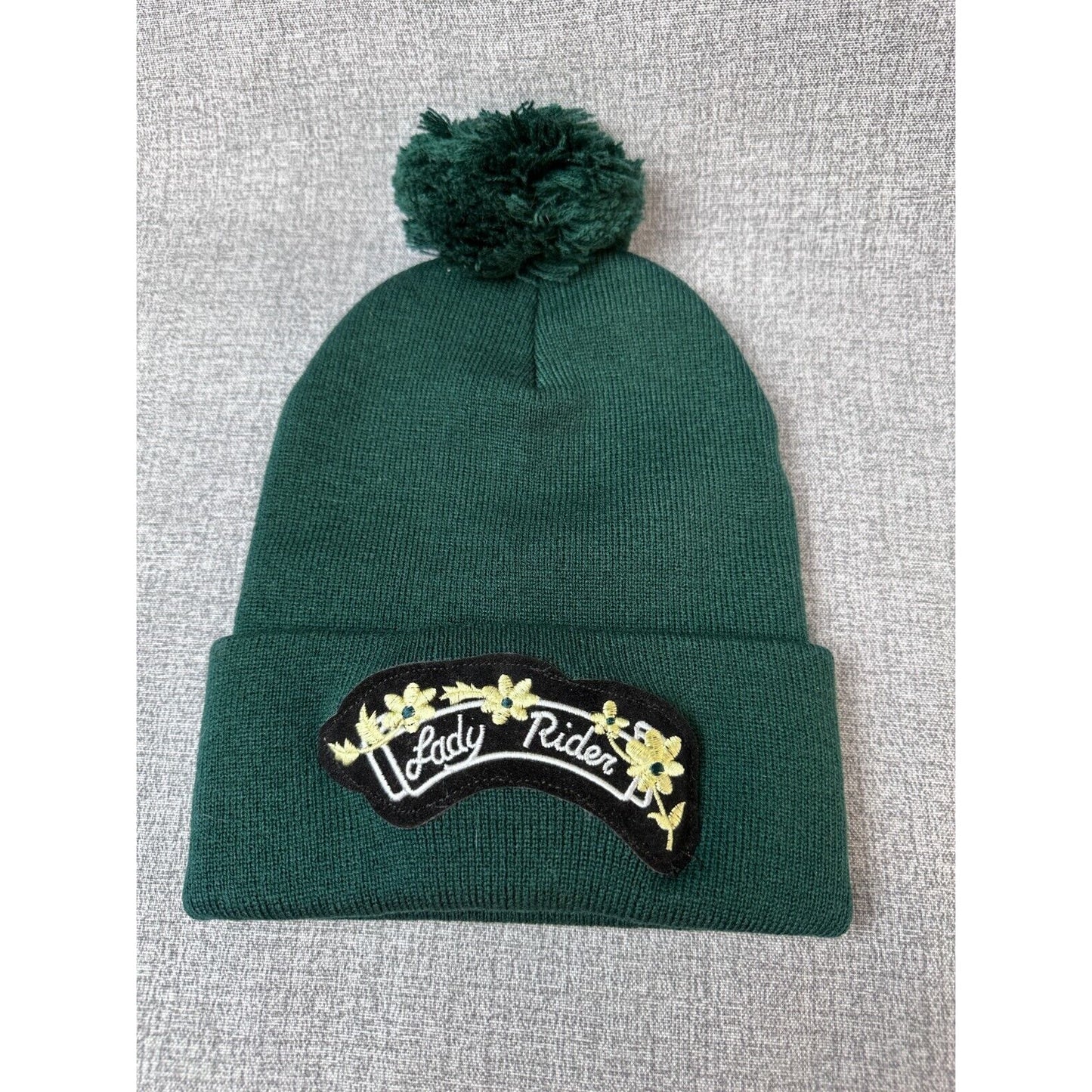 Lady Rider Black Velvet Flower Patch Hunter Green Cuff Pom Pom Beanie