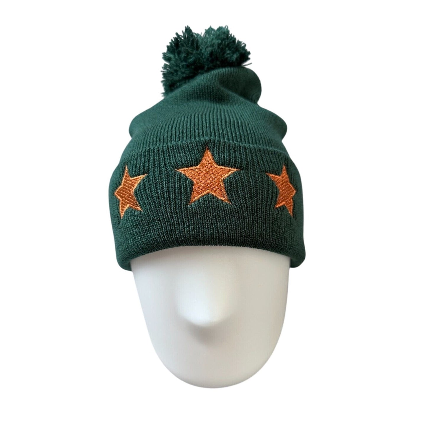 Gold Star Embroidered Hunter Green Cuff Pom Pom Beanie Unisex Winter Hat