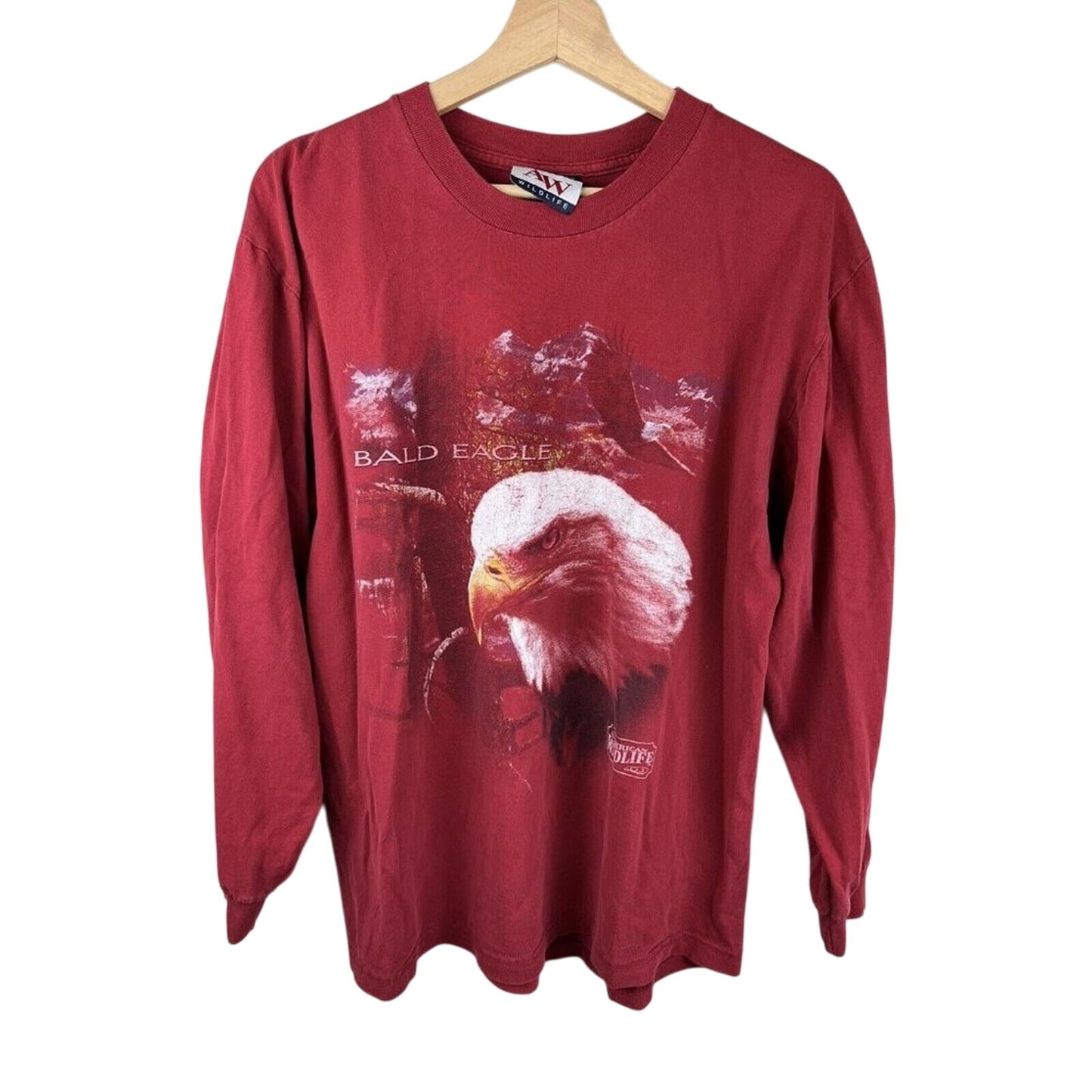 Vintage American Wildlife Long Sleeve T-shirt with Bald Eagle Graphic Red Large