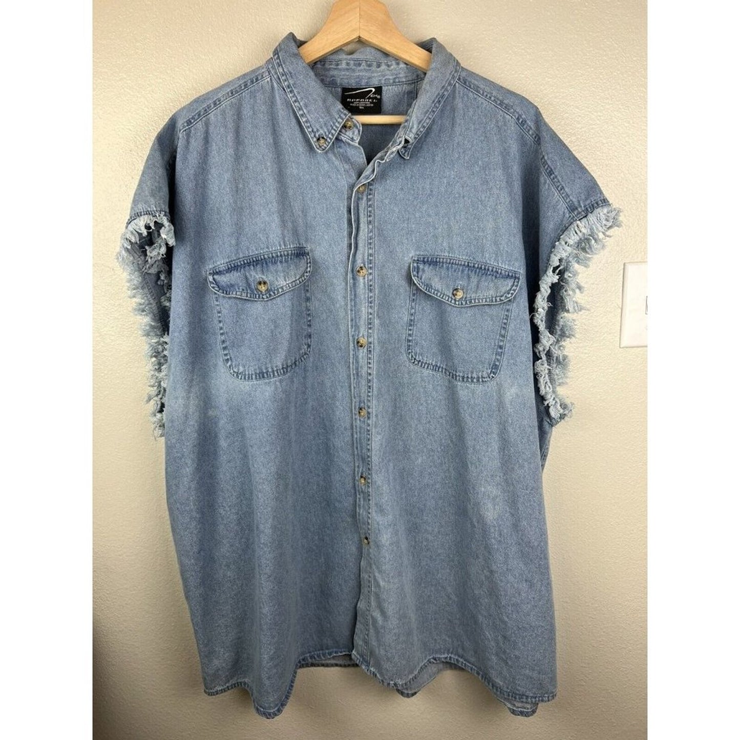 Indian American Heritage Denim Cut Off Sleeves Biker Button Up Shirt Men's 3XL