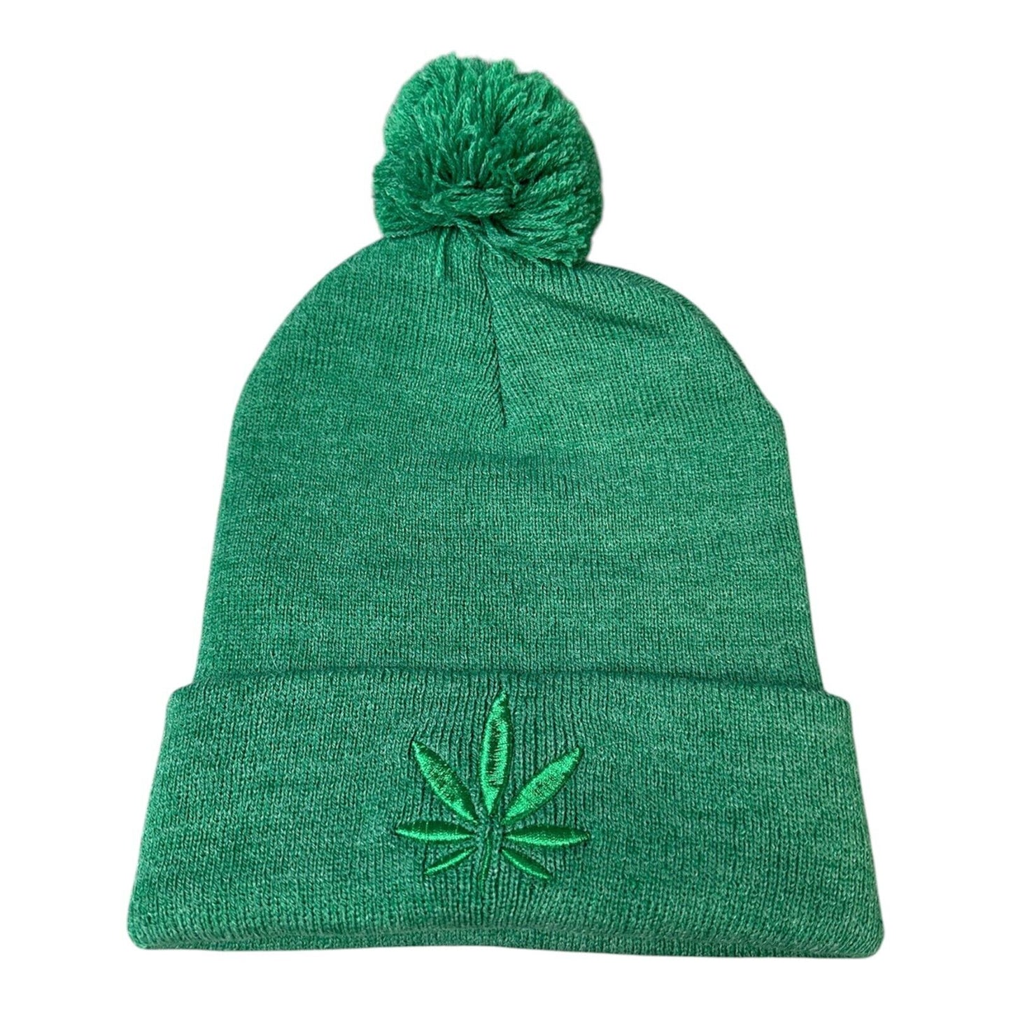 Green Cannabis Leaf Pom Pom Beanie 420 Theme Winter Hat Unisex Adult One Size