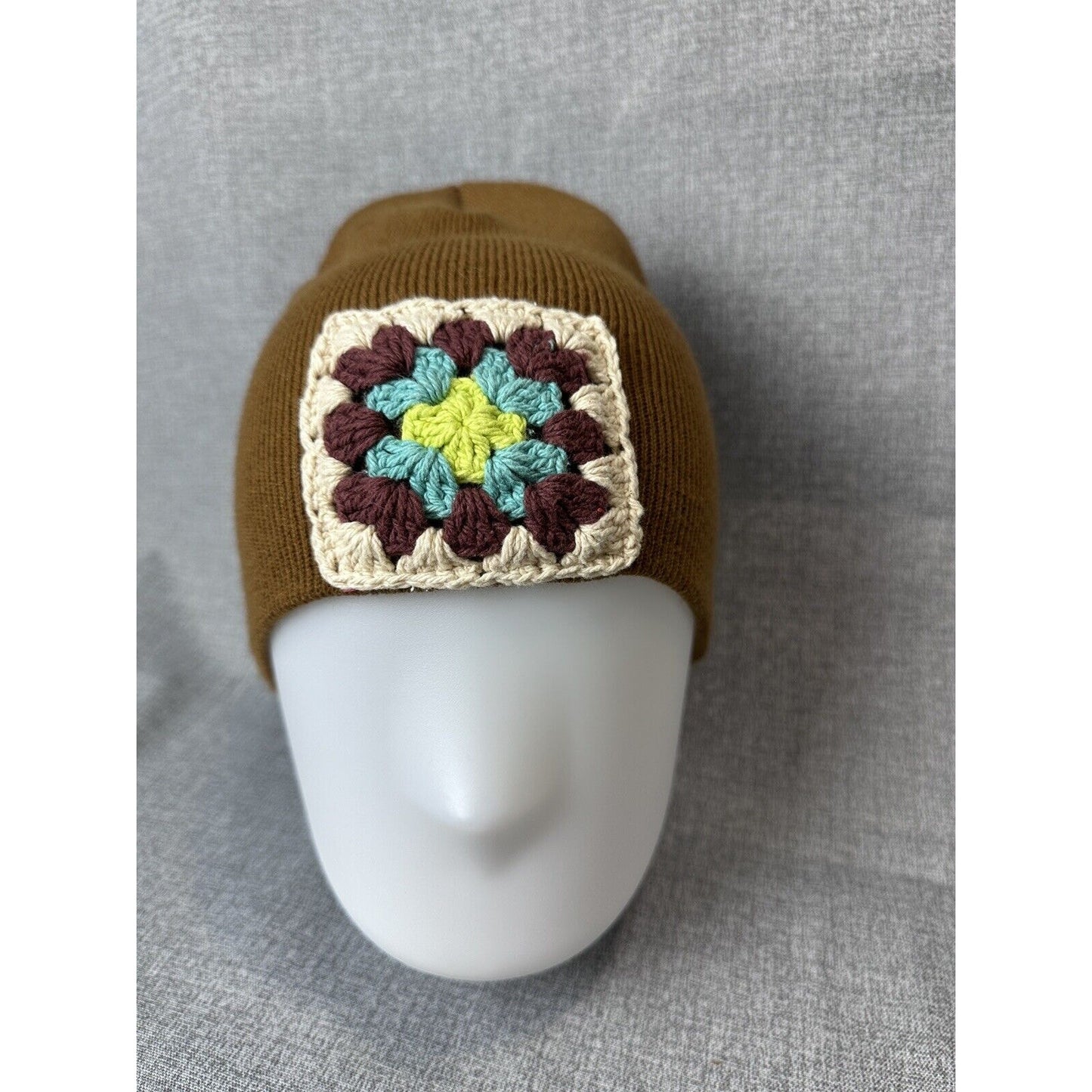 Handmade Granny Square Patch Brown Ribbed Knit Beanie Hat Unisex New with Tag