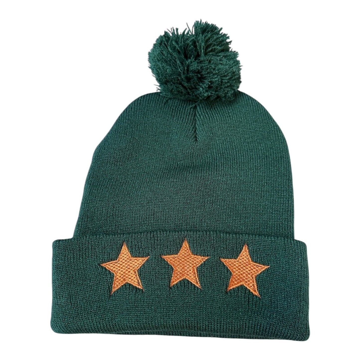 Gold Star Embroidered Hunter Green Cuff Pom Pom Beanie Unisex Winter Hat