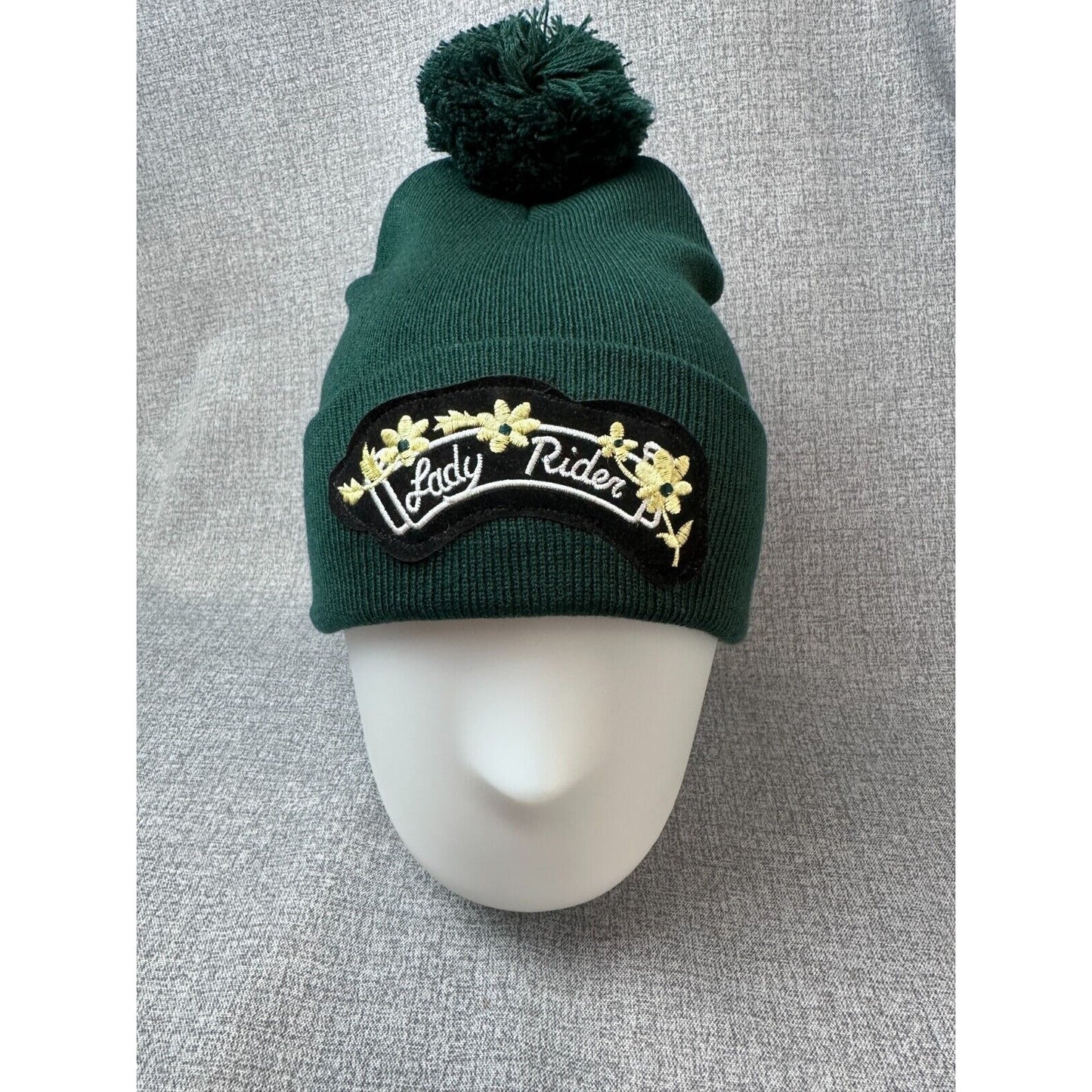 Lady Rider Black Velvet Flower Patch Hunter Green Cuff Pom Pom Beanie