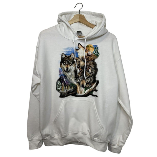 Gildan White Wolves Hoodie Medium - Vintage Heat Transfer Design