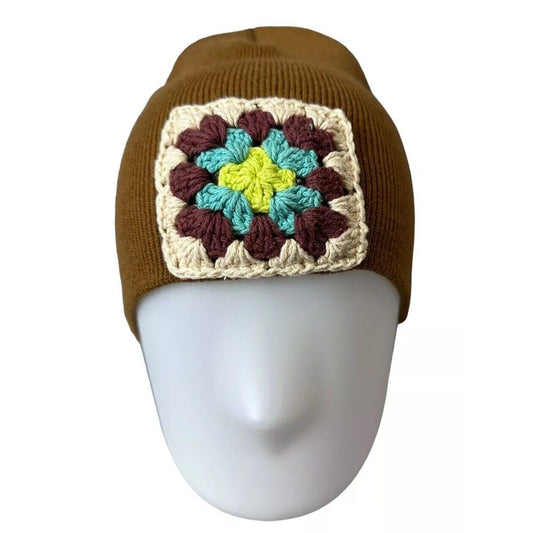 Handmade Granny Square Patch Brown Ribbed Knit Beanie Hat Unisex New with Tag