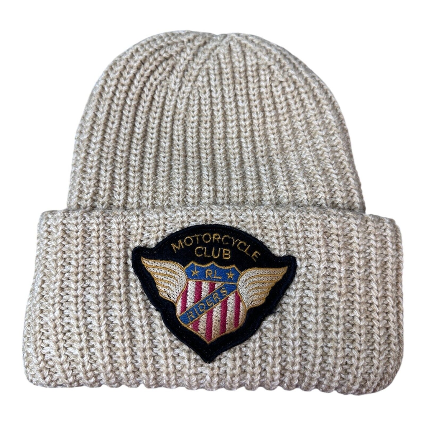 Unisex Motorcycle Riders Patch Beanie - Chunky Knit Tan Winter Hat - Cuff Style - One Size