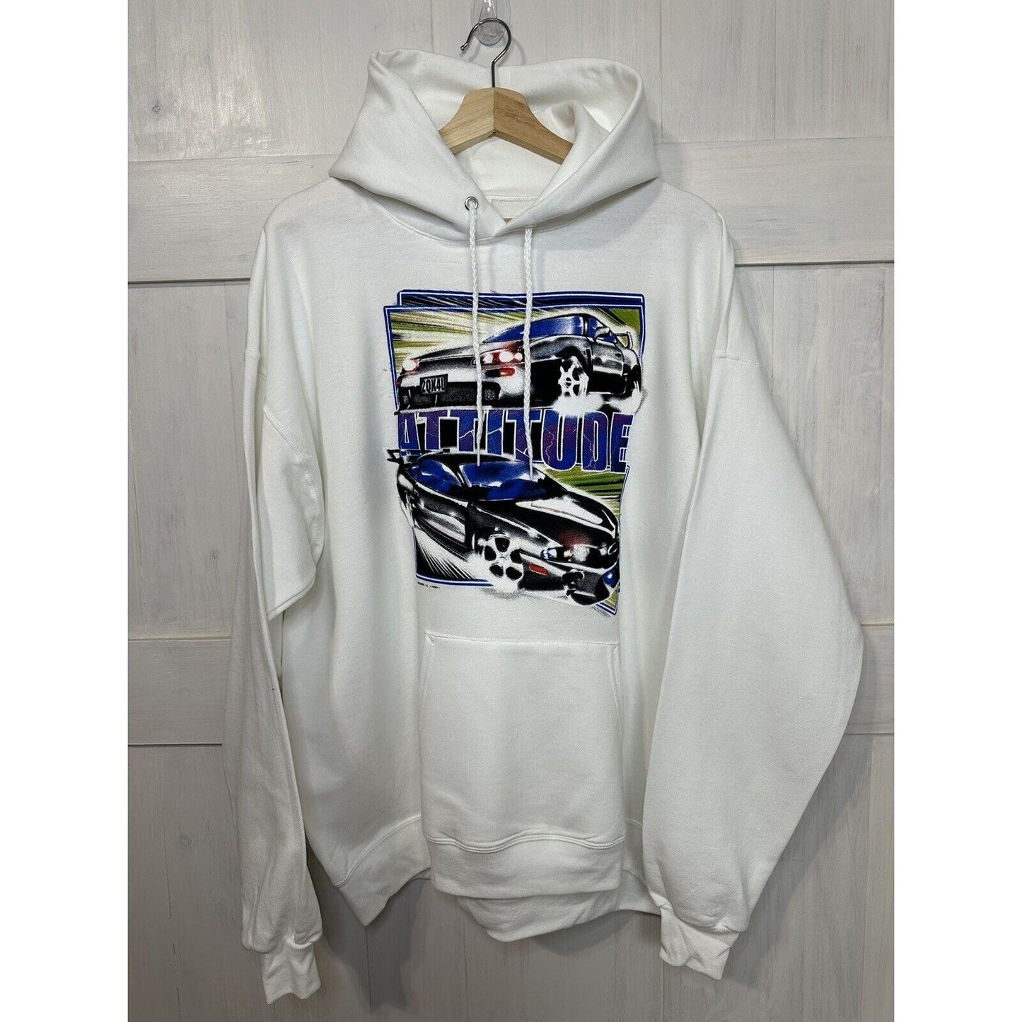 Attitude - Men's XL White Hoodie with Mod Car NEW With Vintage Heat Transfer