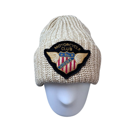 Unisex Motorcycle Riders Patch Beanie - Chunky Knit Tan Winter Hat - Cuff Style - One Size