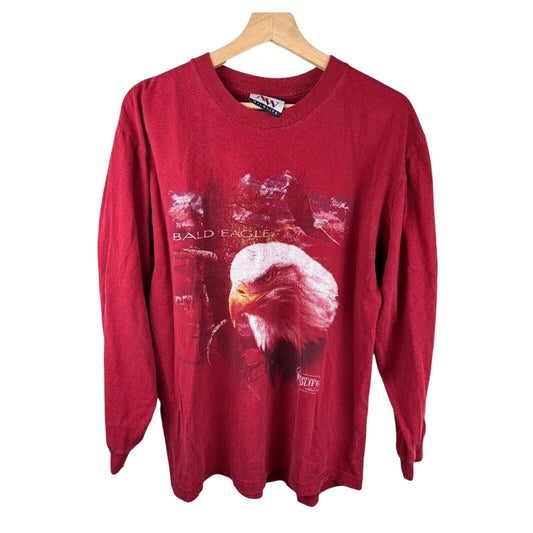 Vintage American Wildlife Long Sleeve T-shirt with Bald Eagle Graphic Red Large