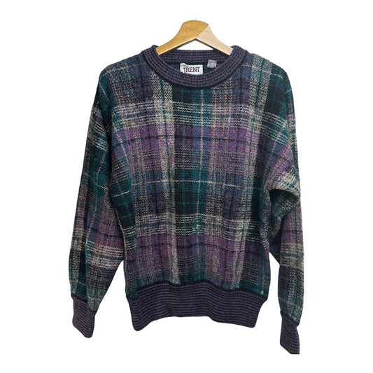 Trent Vintage Plaid Knit Crew Neck Sweater for Men Large Multicolor Pullover 90