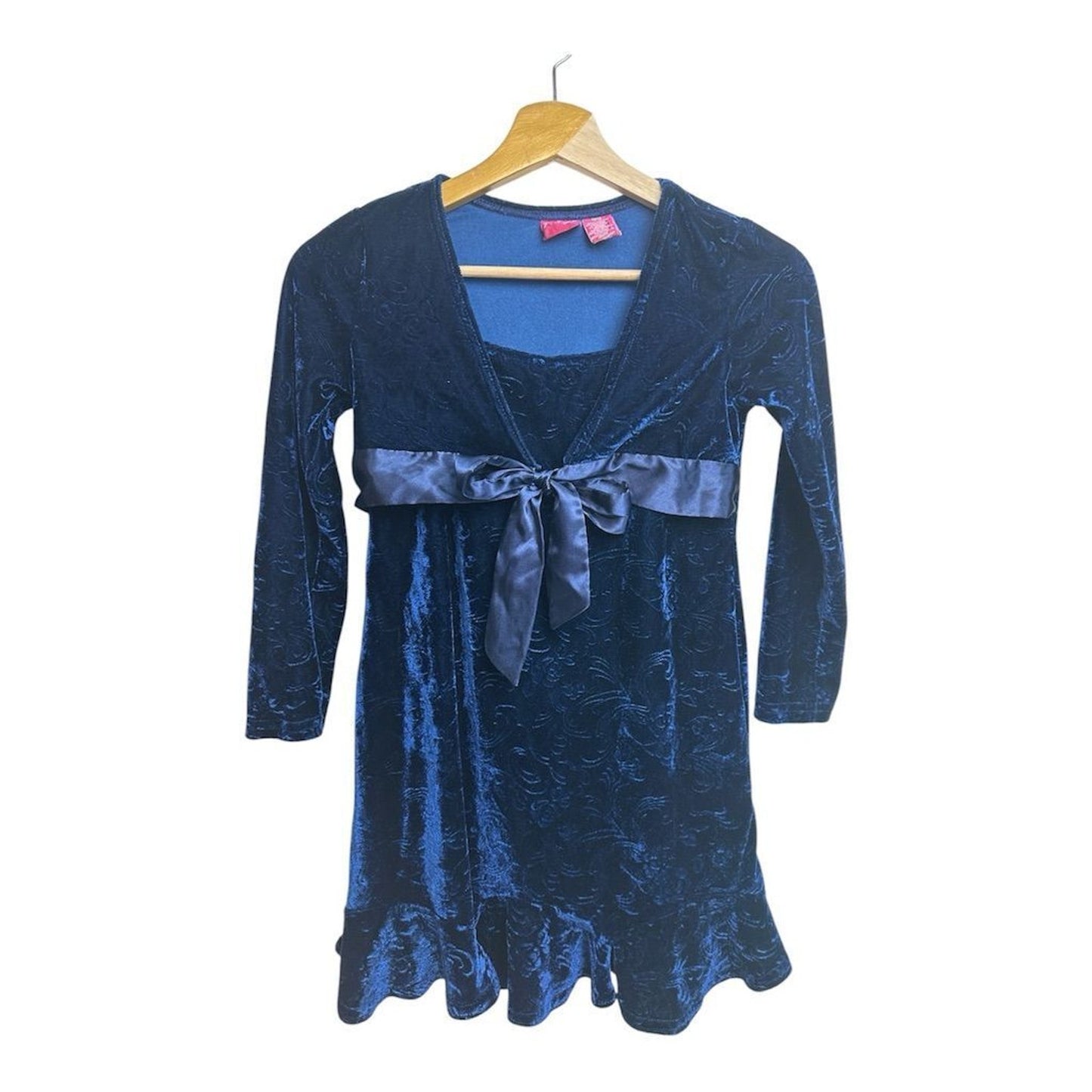 Thalia Sodi Girls Blue Velvet Party Dress Size 10-12 with Satin Bow Good Condit