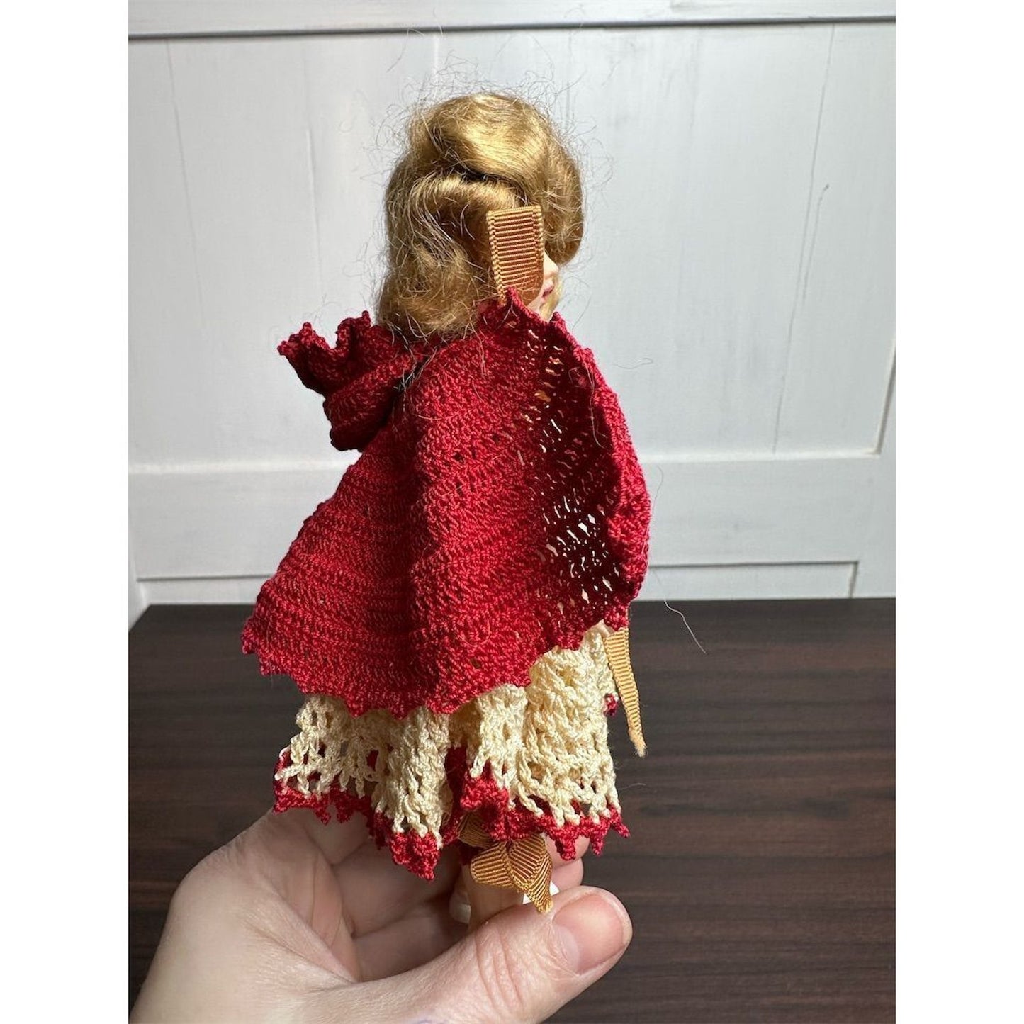 Vintage 1950s Little Red Riding Hood Doll Handmade Crochet Outfit 7" Blonde Hair Blue Eyes