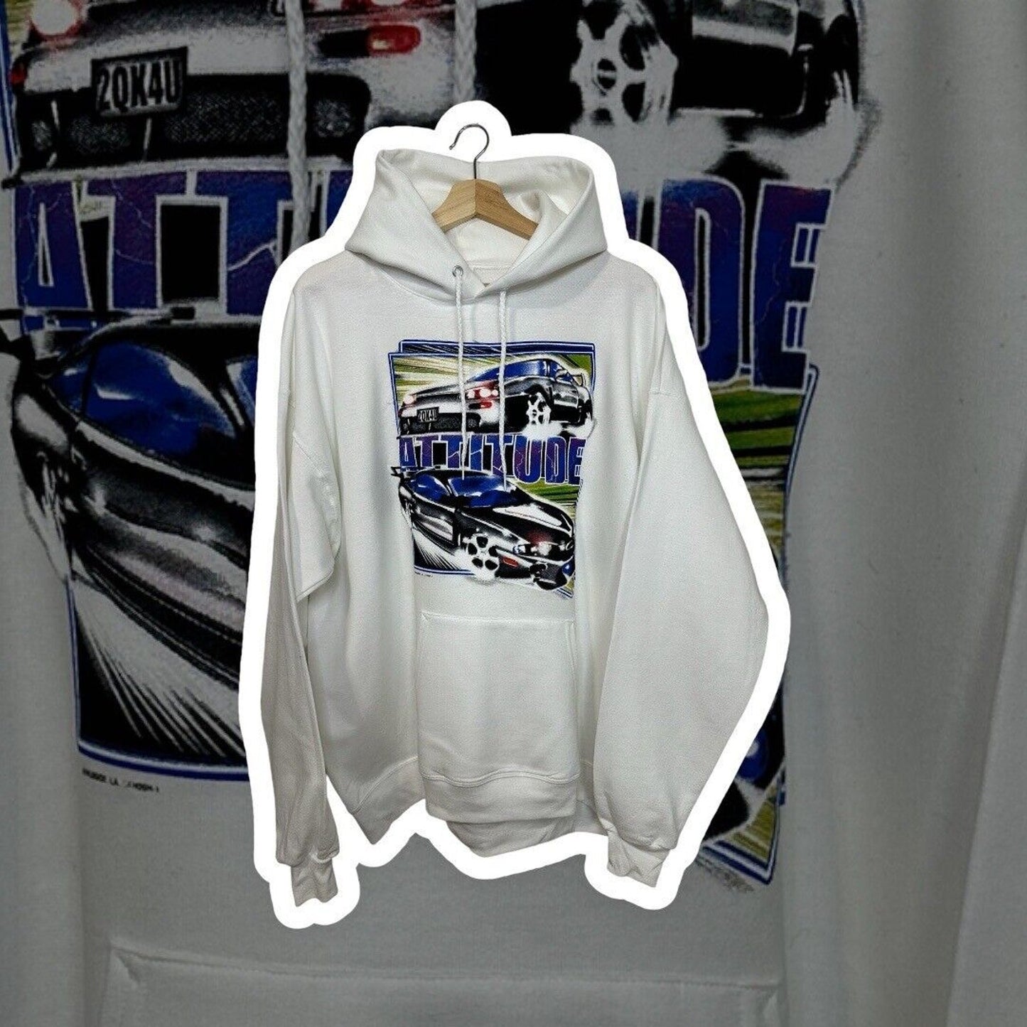 Attitude - Men's XL White Hoodie with Mod Car NEW With Vintage Heat Transfer