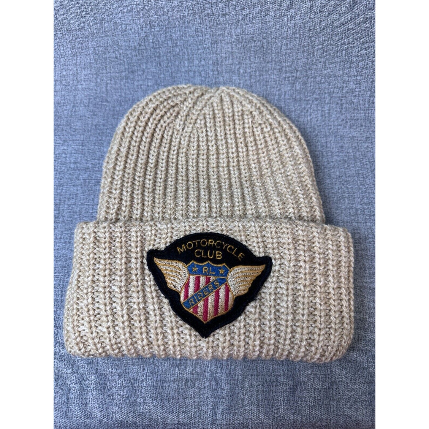 Unisex Motorcycle Riders Patch Beanie - Chunky Knit Tan Winter Hat - Cuff Style - One Size