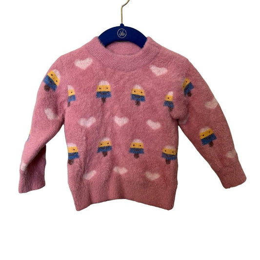 Pink Popsicle Smiley Face Fuzzy Sweater Girls 18-24 Months Cozy Winter Toddler