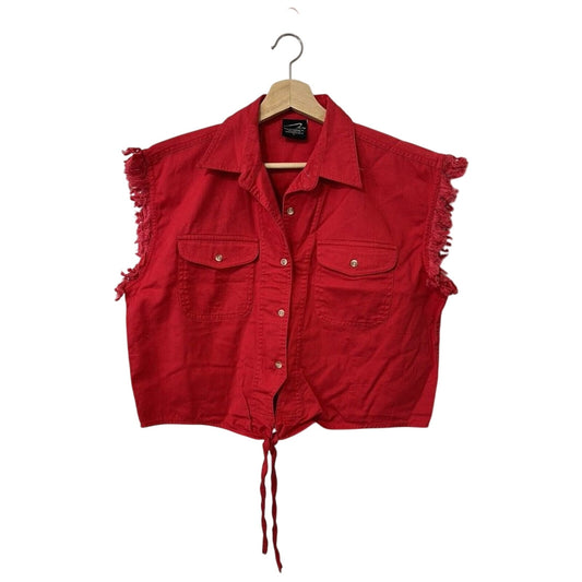 CH Apparel Ladies Red Biker Shirt NWT Button Up Cut Off Sleeve Tie Cropped, L