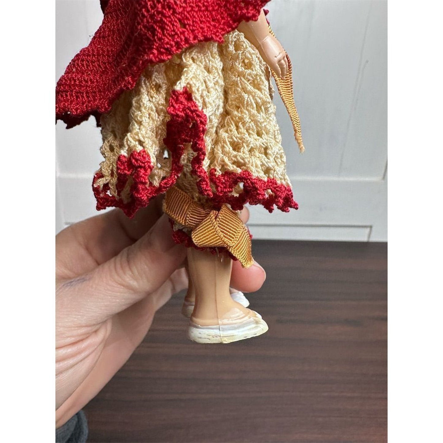 Vintage 1950s Little Red Riding Hood Doll Handmade Crochet Outfit 7" Blonde Hair Blue Eyes