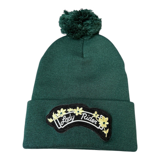 Lady Rider Black Velvet Flower Patch Hunter Green Cuff Pom Pom Beanie