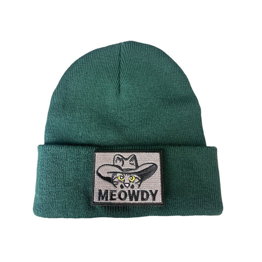 Forest Green Beanie Cat Wearing Cowboy Hat Meowdy Patch Unisex Winter Hat