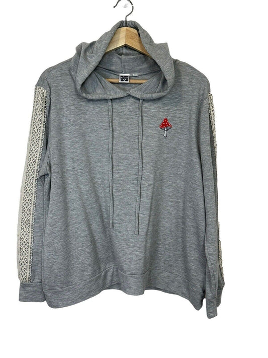 Shroom Embroidered Gray Hoodie Womens Size XL, Lace Detail Upcycled