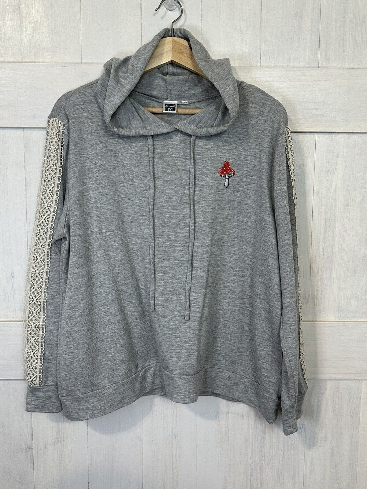 Shroom Embroidered Gray Hoodie Womens Size XL, Lace Detail Upcycled