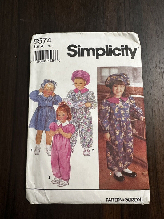 1993 Simplicity 8574 Toddlers Dress Jumpsuit Hat size A 1-4 sewing pattern uncut