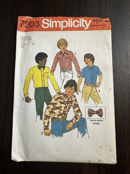 7203 Simplicity 1975 - shirt and bow tie- BOYS Size 4 And 6 Vintage Pattern sewing