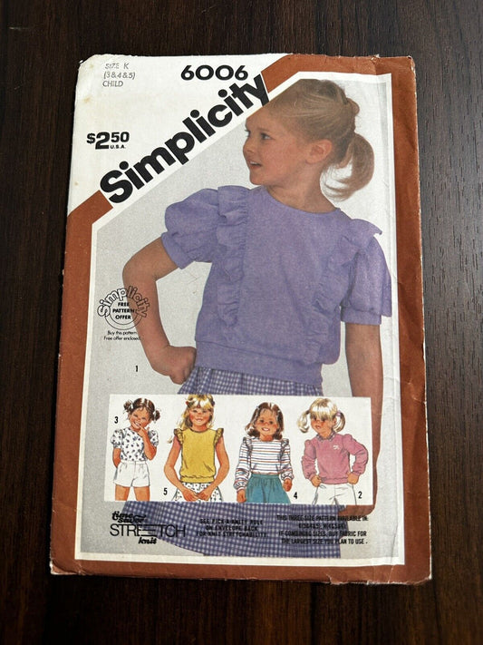 Sewing Pattern Vintage Girls Size 3-6 Pullover Tops Ruffles 1983 simplicity 6006