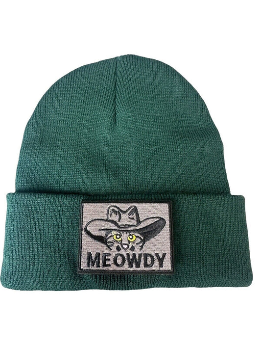 Forest green beanie Cat Wearing Cowboy Hat Meowdy Patch Unisex