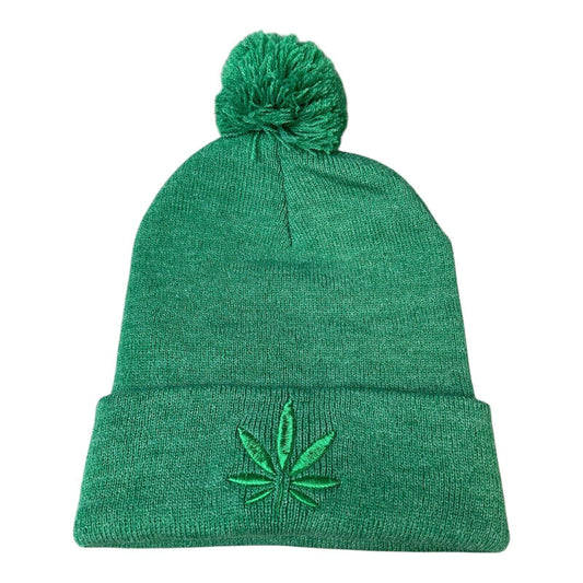 Green Puff Cannabis Leaf Cuff Pom Pom Beanie 420 beanie marjana leaf mary jane