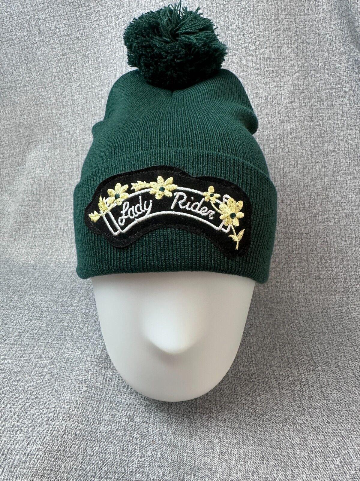 Lady Rider black velvet flower patch hunter green Cuff Pom Pom Beanie