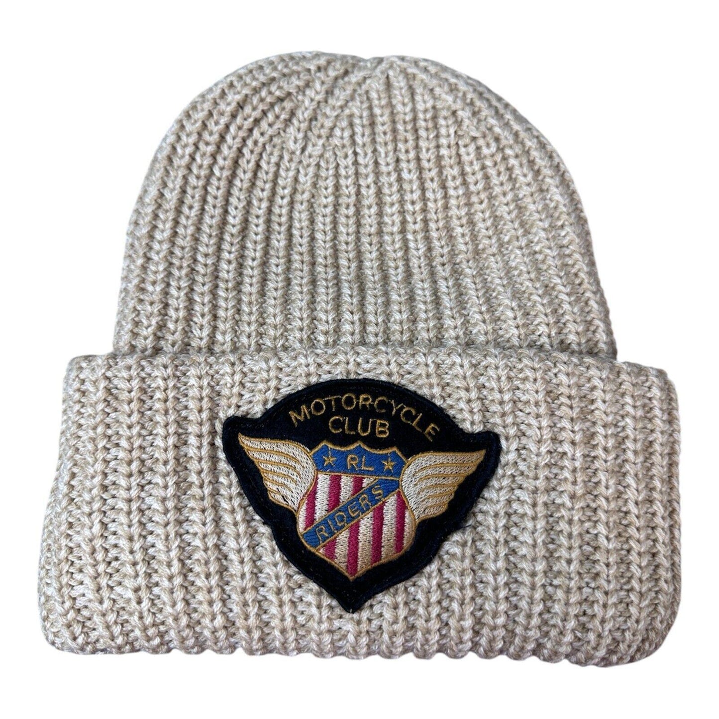 Motorcycle Club Riders Patch Tan chunky knit Cuff Beanie unisex