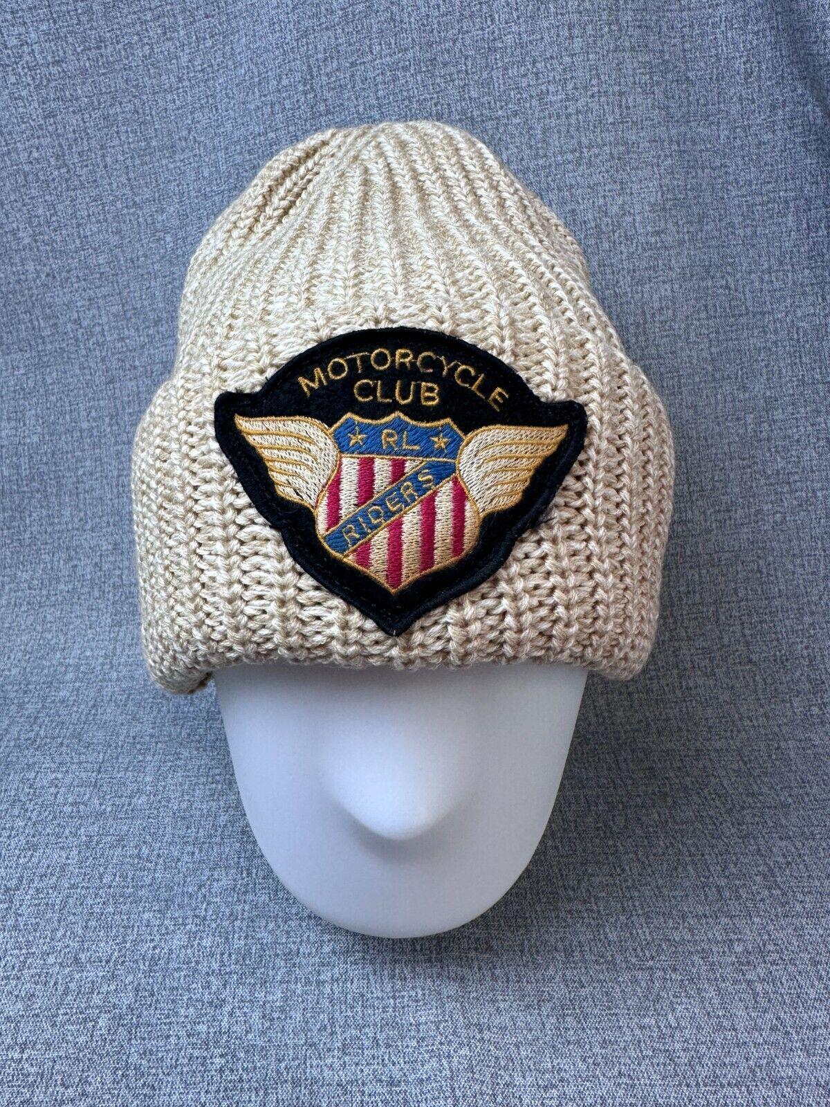 Motorcycle Club Riders Patch Tan chunky knit Cuff Beanie unisex