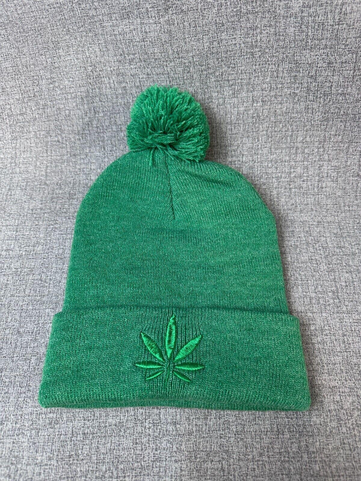 Green Puff Cannabis Leaf Cuff Pom Pom Beanie 420 beanie marjana leaf mary jane