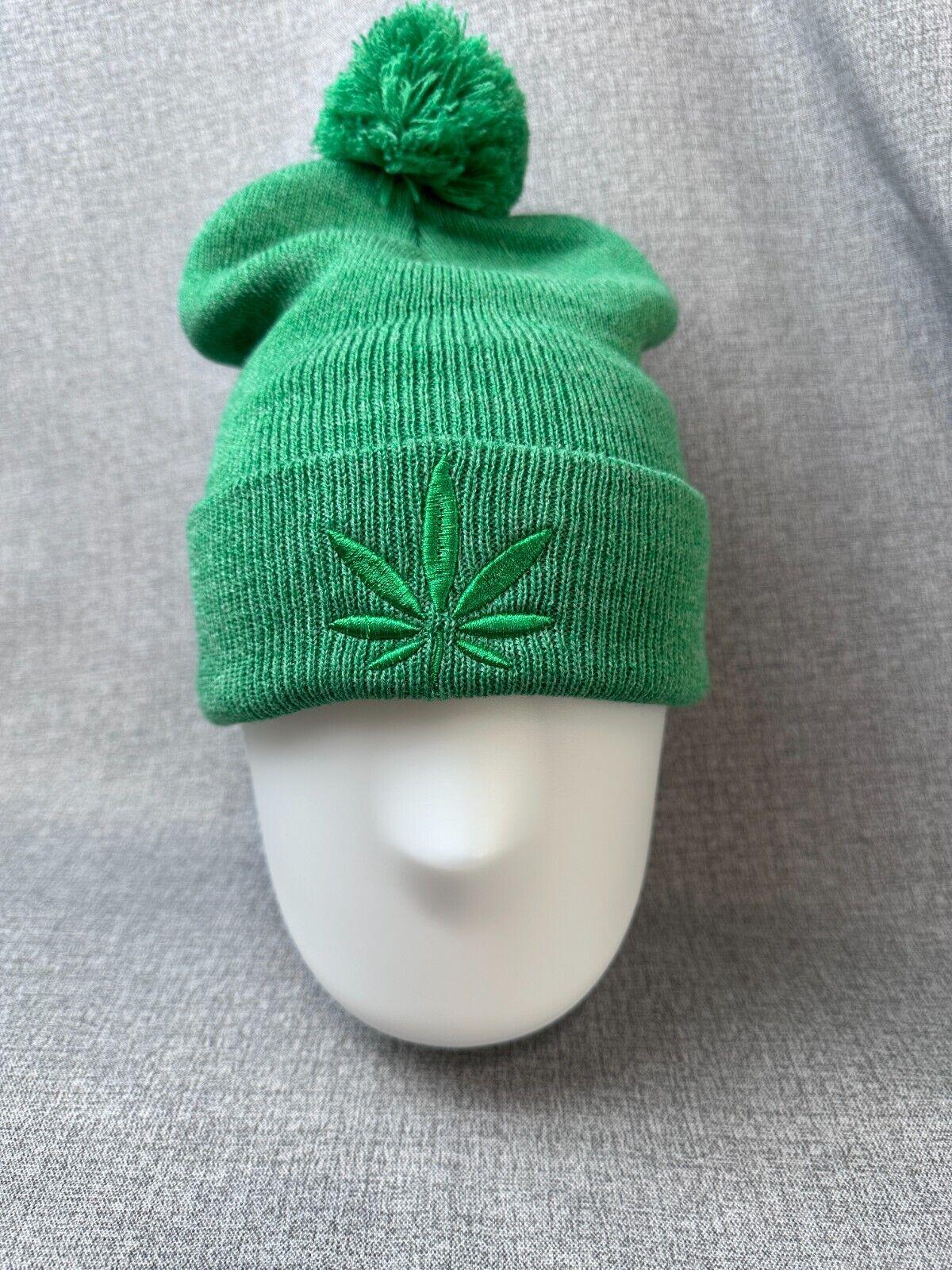 Green Puff Cannabis Leaf Cuff Pom Pom Beanie 420 beanie marjana leaf mary jane