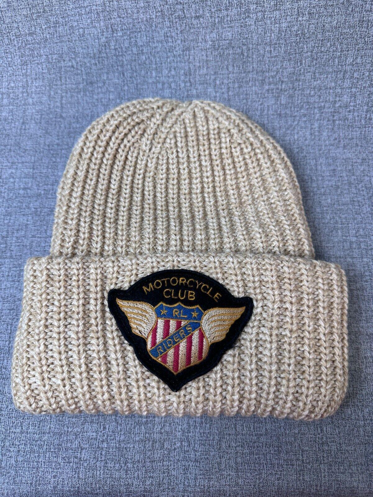 Motorcycle Club Riders Patch Tan chunky knit Cuff Beanie unisex