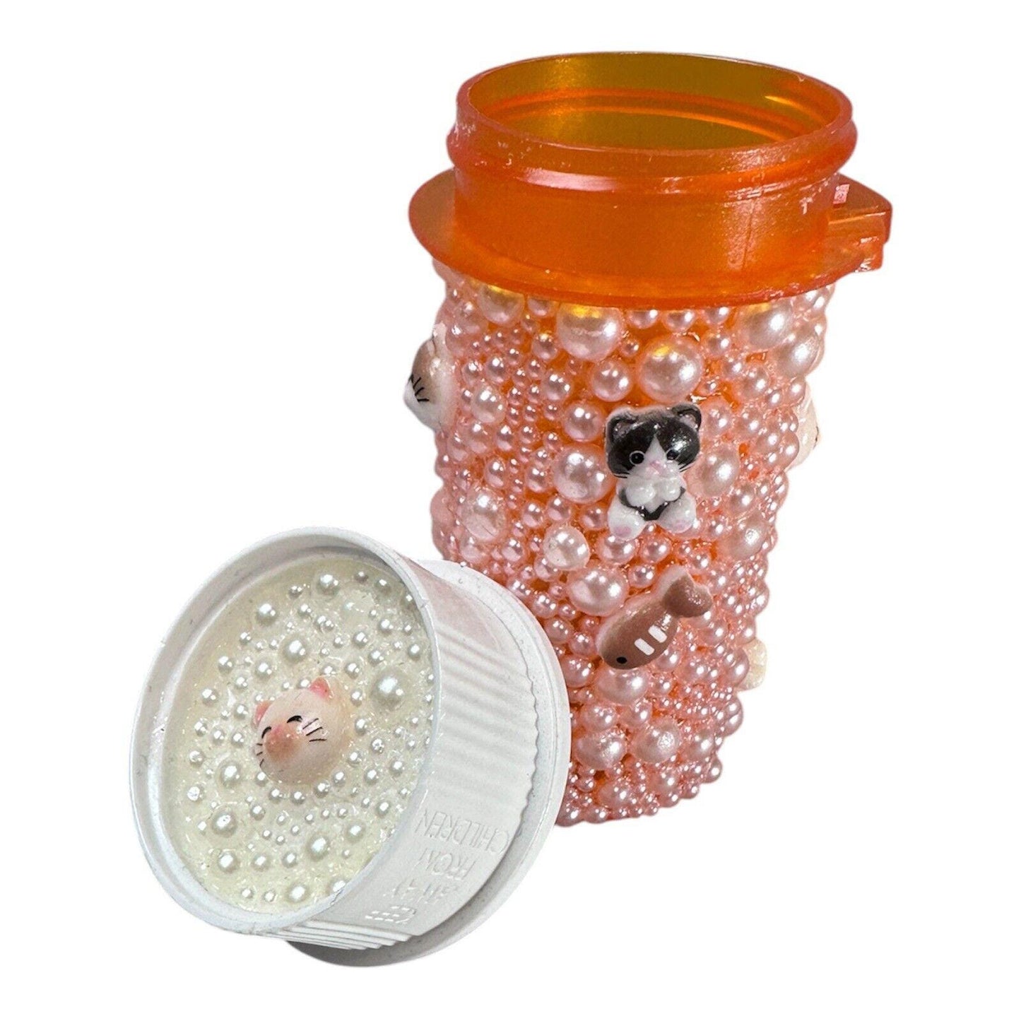 Pearl-Covered Cat & Fish Theme Pill Box Travel Container Unique Gift Collectible