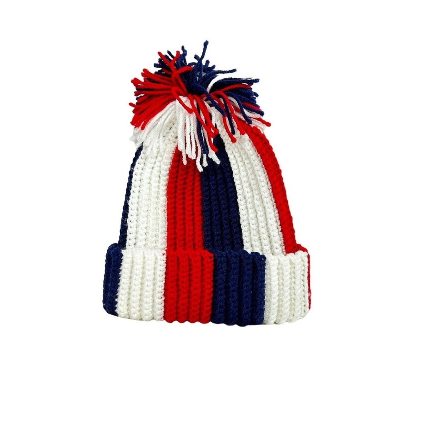 unisex hand made croche cuffed beanie with pom pom red white blue