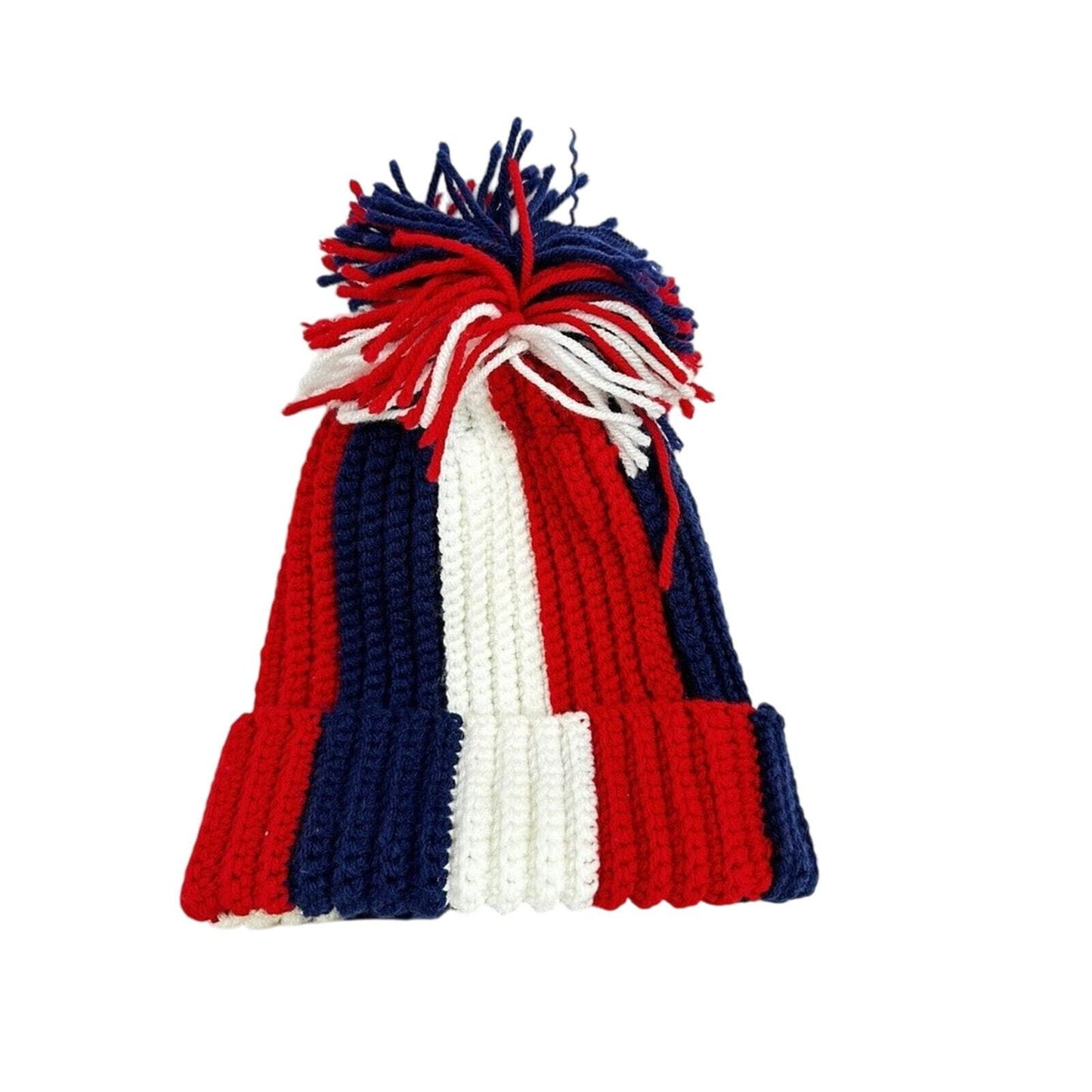 unisex hand made croche cuffed beanie with pom pom red white blue