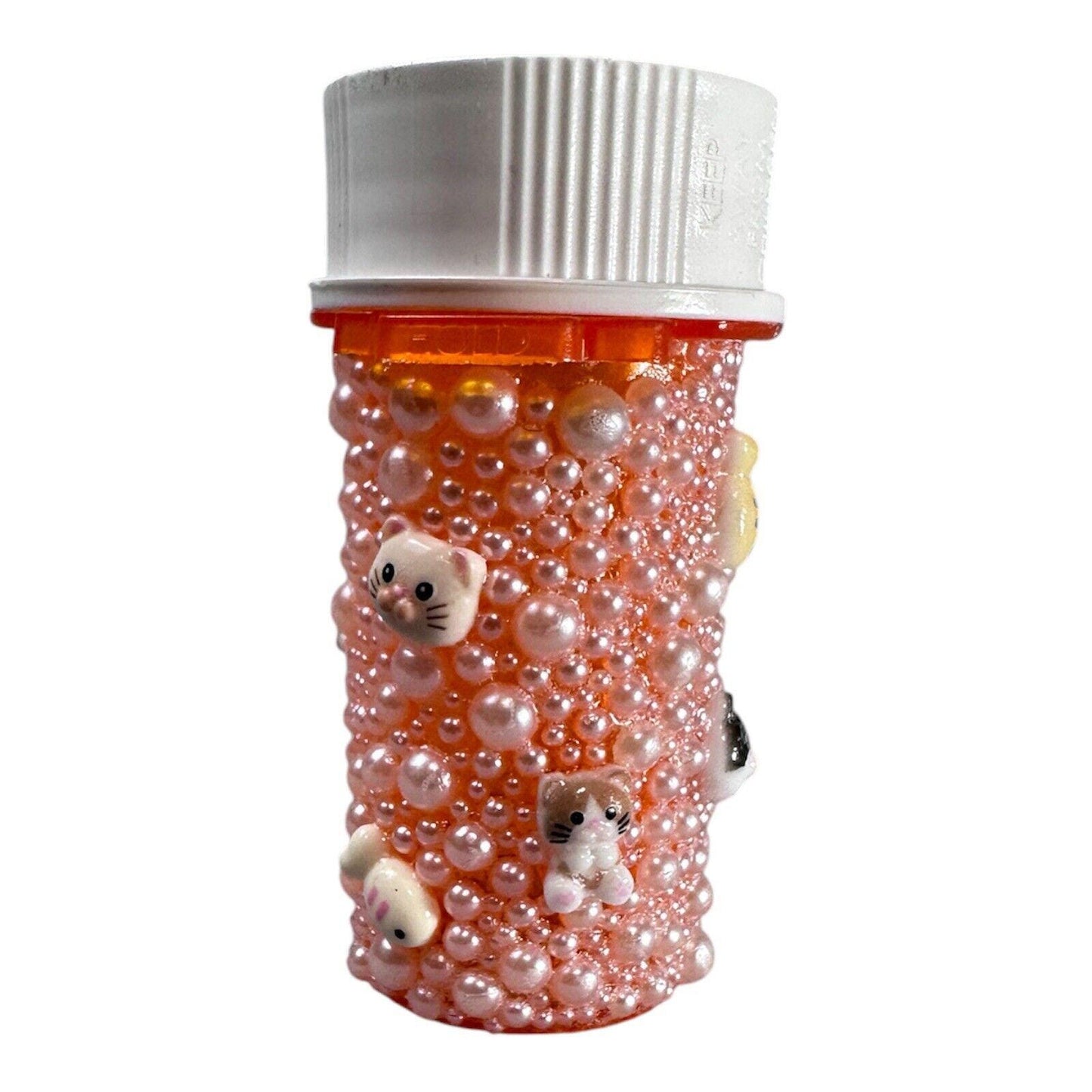 Pearl-Covered Cat & Fish Theme Pill Box Travel Container Unique Gift Collectible