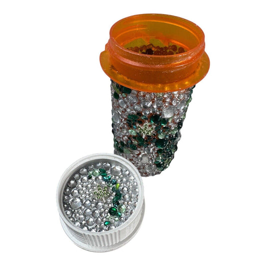 Crystal Covered Mary Jane Leaf Travel Pill Bottle Funky Odd Gift Unique 420