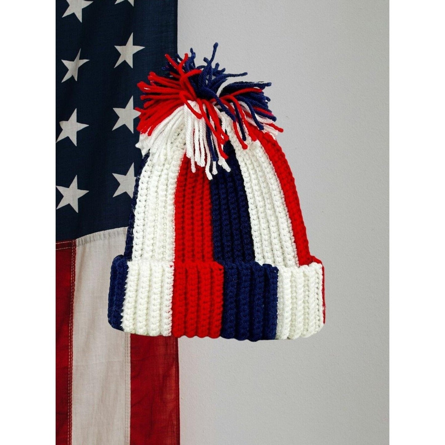 unisex hand made croche cuffed beanie with pom pom red white blue