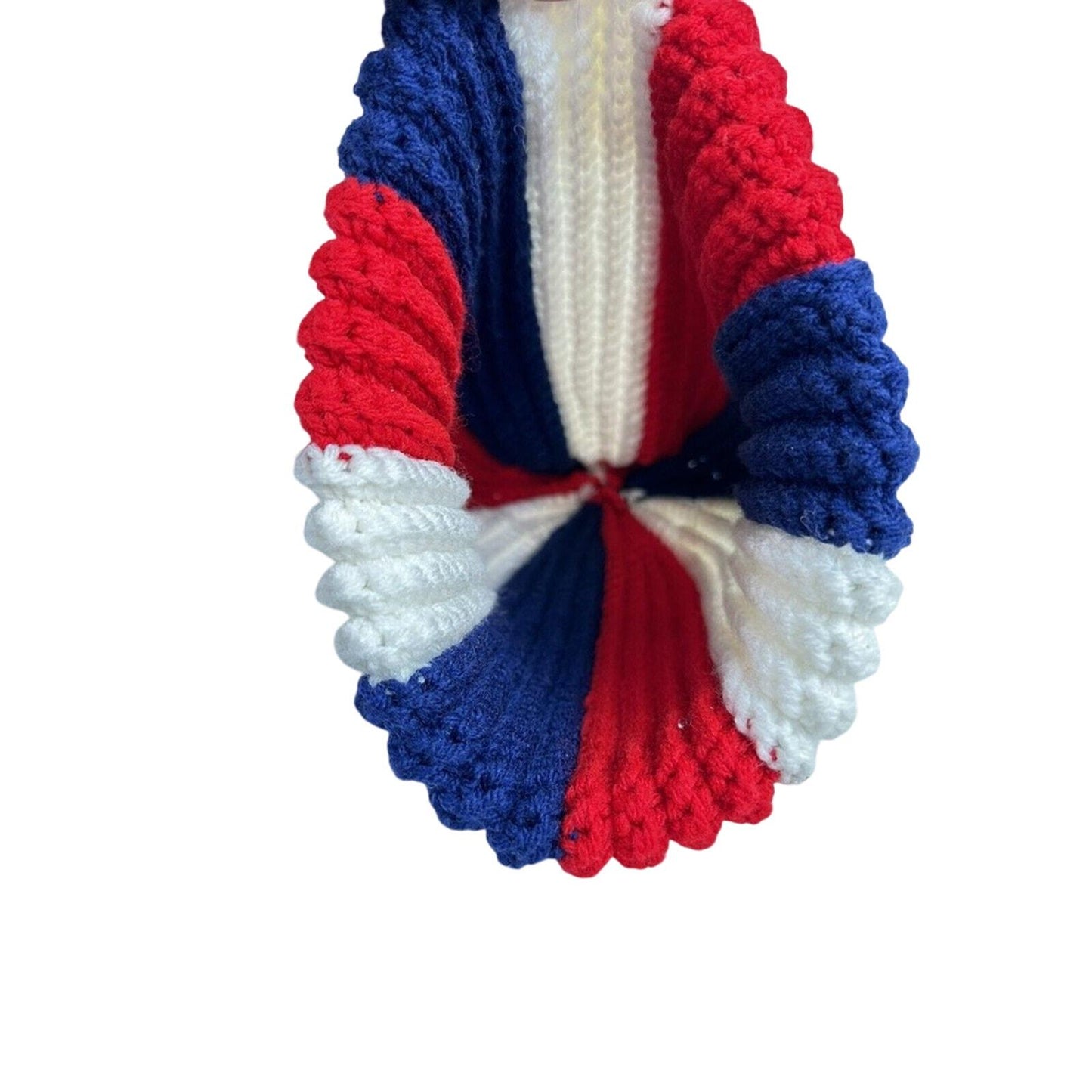 unisex hand made croche cuffed beanie with pom pom red white blue